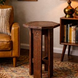 Vintage Hand-Carved Wood Side Table / Plant Stand Arts & Crafts Style Circa 1970s