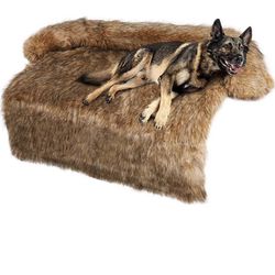 Luxury Faux Fur Calming Dog Bed, Furry Plush Fuzzy Dog Couch/Bed/Mat with Removable Washable Cover, Faux Fur Sofa Mat for Dogs, Squishmallow Pet 