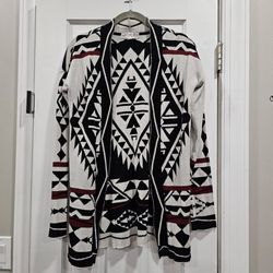 Pink Republic Aztec Geometric Open Front Cardigan Sweater Egret Black S