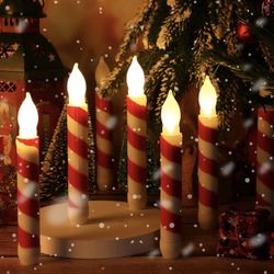 24 Pcs Flameless Striped Taper Candles Flickering Battery Operated Red Stripes LED Handheld Candles Lights for Xmas Church Wedding, 0.8 x 6.5 Inch