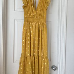 Lulus Yellow and Gold Polka Dot Midi Dress S