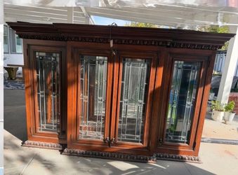 Large Wood Cabinet with Leaded Glass Doors