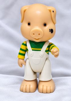 Vintage Pig Character Figure Green Yellow Striped Shirt Overalls 3.5 Inch