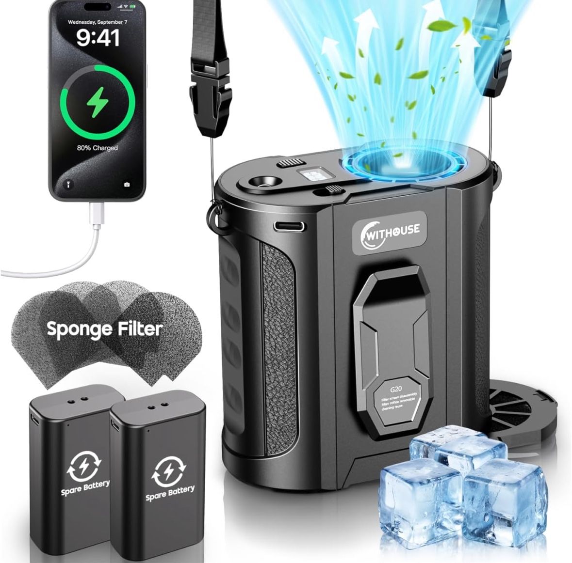 [Dual Battery] Next-Gen AI Portable Waist Fan Clip On 24000mAh, MAX 80H Runtime