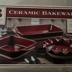 3Piece Set Glazed Ceramic Bakeware Scalloped Pie Plate, Square&Rectangular Baker