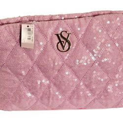 “Victoria’s Secret Pink Sequin Quilted Clutch Cosmetic Bag VS Logo NWT Glam Pouch”