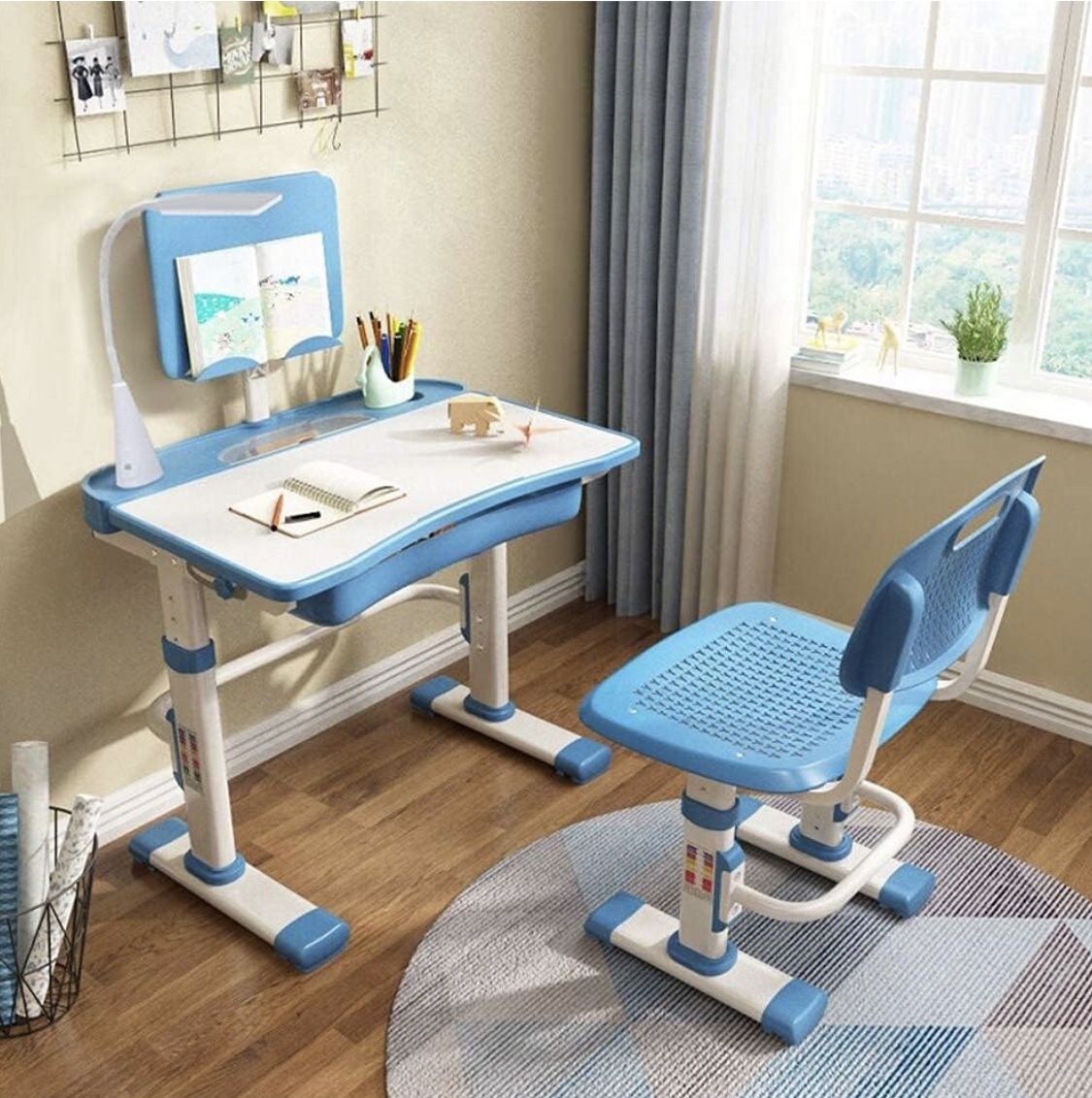 Blue Kids Desk and Chair Set, Height Adjustable Children School Study Desk with Tilt Desktop, Bookstand, LED Lamp, Metal Hook and Storage Drawer 