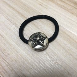 Chrome Hearts Vintage Elastic Band – 925 Sterling Silver Gothic Punk Hair Tie with Silver Floral Charm