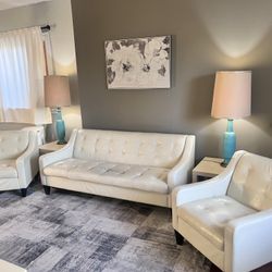 Sofa & Two Chairs + Grey Covers 