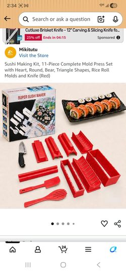 Sushi Makina Kit. 11-Piece Complete Mold Press Set with Heart, Round, Bear, Triangle Shapes, Rice Rol Molds and Knife (Red