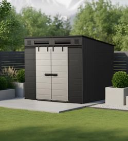 NEW Dark Gray Suncast Modernist 8'x7' Dual Barn Door Storage Shed COSTCO