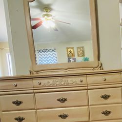 Beige Bedroom Vanity w/ Mirror (9 Drawers)