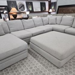 Huge Gray U-Shaped Sectional w/ Large Ottoman – Same-Day Delivery