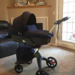 Stokke Xplory Navy Blue Stroller with Carry Cot