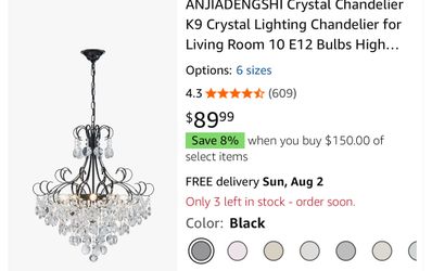 ANJIADENGSHI Crystal Chandelier K9 Crystal Lighting Chandelier for Living Room 10 E12 Bulbs High 27.6 in x Diameter 22.8 in, Black