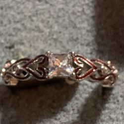 Princess Cut With Carved Red Hearts On Silver Ring Size 8 For $12