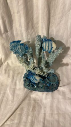 Retro Blue Coral Reef 4 Tropical Fish Ship Wheel Resin Sculpture Glitter Kitsch