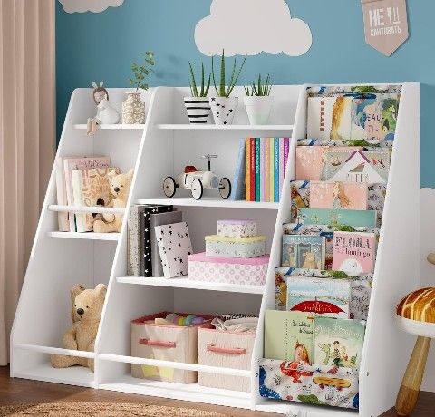 Kids Wood Toy & Book Organizer - 4-Tier Sturdy Shelf, Toy Chests, Storage for Nursery, Playroom, Classroom, Kids' Bedroom (White)
