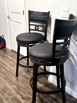 Set of 2 Dark Wood & Black Upholstered Bar/Counter Stools - Like New