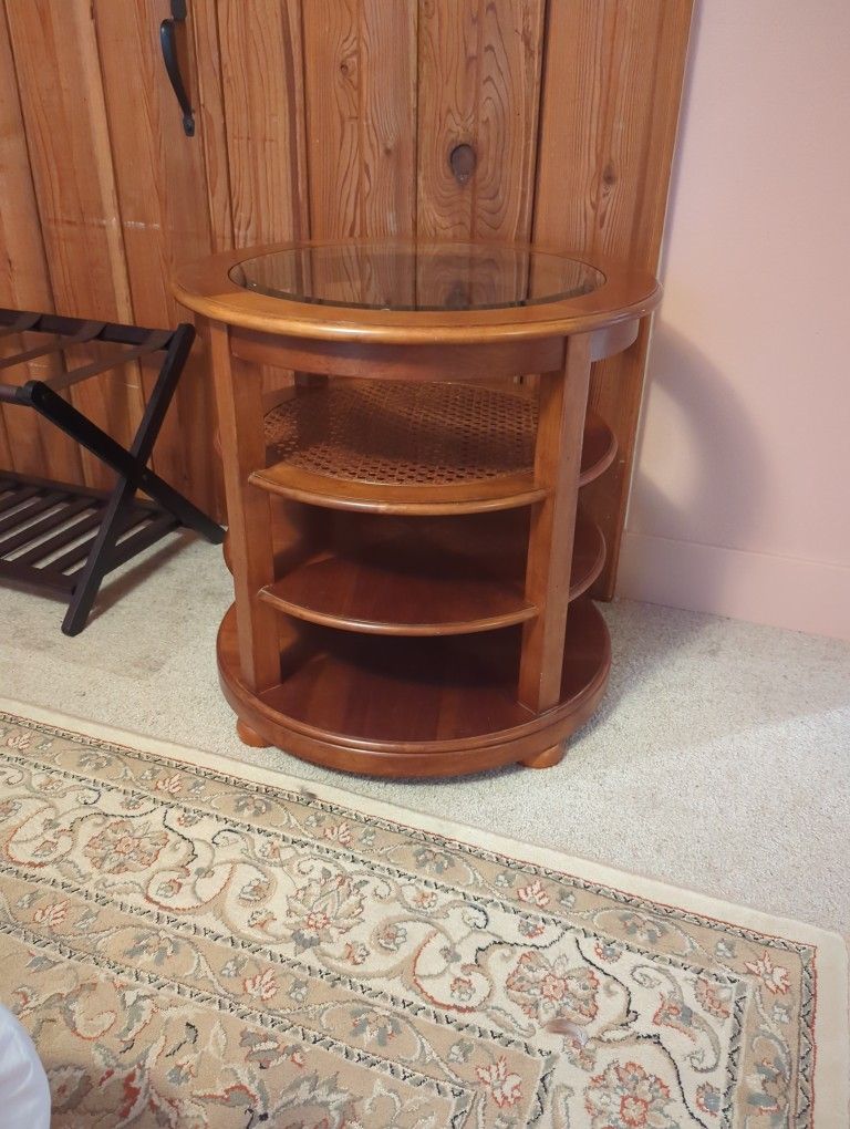 Traditional Tri-Level Oak Table with Glass Top