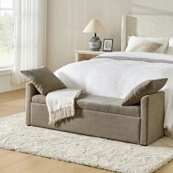 NEW Modern Neutral Taupe Upholstered Bench with Storage and 2 Pillows