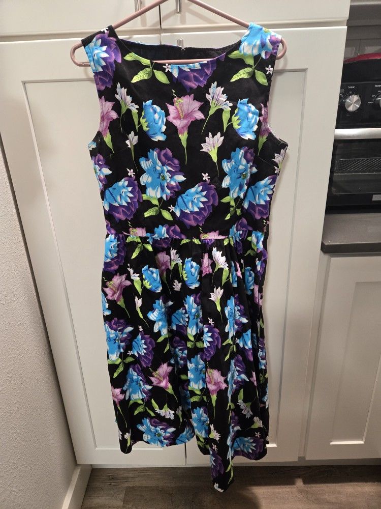 Lindy Bop 50s Inspired Black Dress With Blue And Purple Floral Pattern