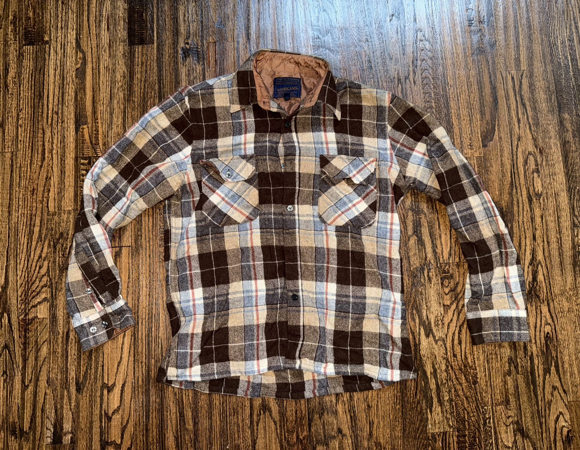 Vintage Korea Woodland Flannel Shirt Sz Medium Brown Plaid 100% Virgin Wool