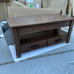 Lift Top Coffee Table with Storage for Living Room, Farmhouse Coffee Table with Hidden Compartment and Side Pouch, Wooden Central Table with Drawers