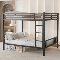 🔥 Queen Over Queen Metal Bunk Bed with Ladder and Slats Support for Adults Teens, Black