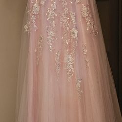 Women's/ Young Teen Pink A-line ball gown featuring a beautifully embroidered, beaded lace bodice with a flattering corset-style fit. Prom, Dress 