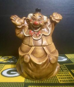 Vintage Happy Clown Hands Up Cookie Jar Canister. 