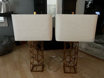 29" Gold Circles Metal Table Lamps w/ Shades Set of 2