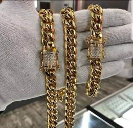 12MM Diamond Lock Cuban Link Set 14K Gold Plated Doesn't Loses Color