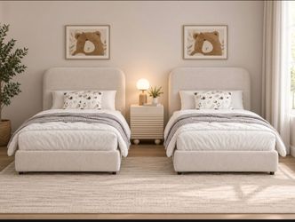 2 PCs Twin Bed Frame, Cream Boucle Upholstered Platform Bed