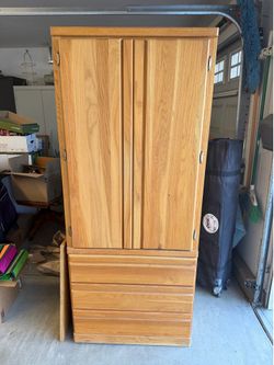 Solid Oak Armoire Cabinet – Shelves + Drawers – 72.5” Tall