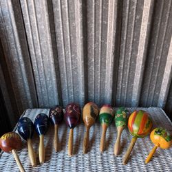 Vintage Maracas Lot Hand Painted Wood Folk Art Percussion Set of 10
