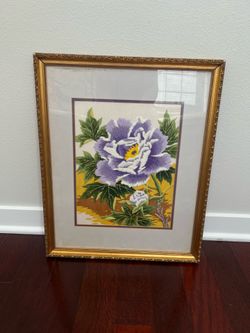 Vintage Japanese Bunka Shishu Framed Embroidery Art – Purple Peony