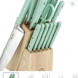 Martha Stewart Everyday 14 Piece Stainless Steel Cutlery and Wood Block Set in Mint
