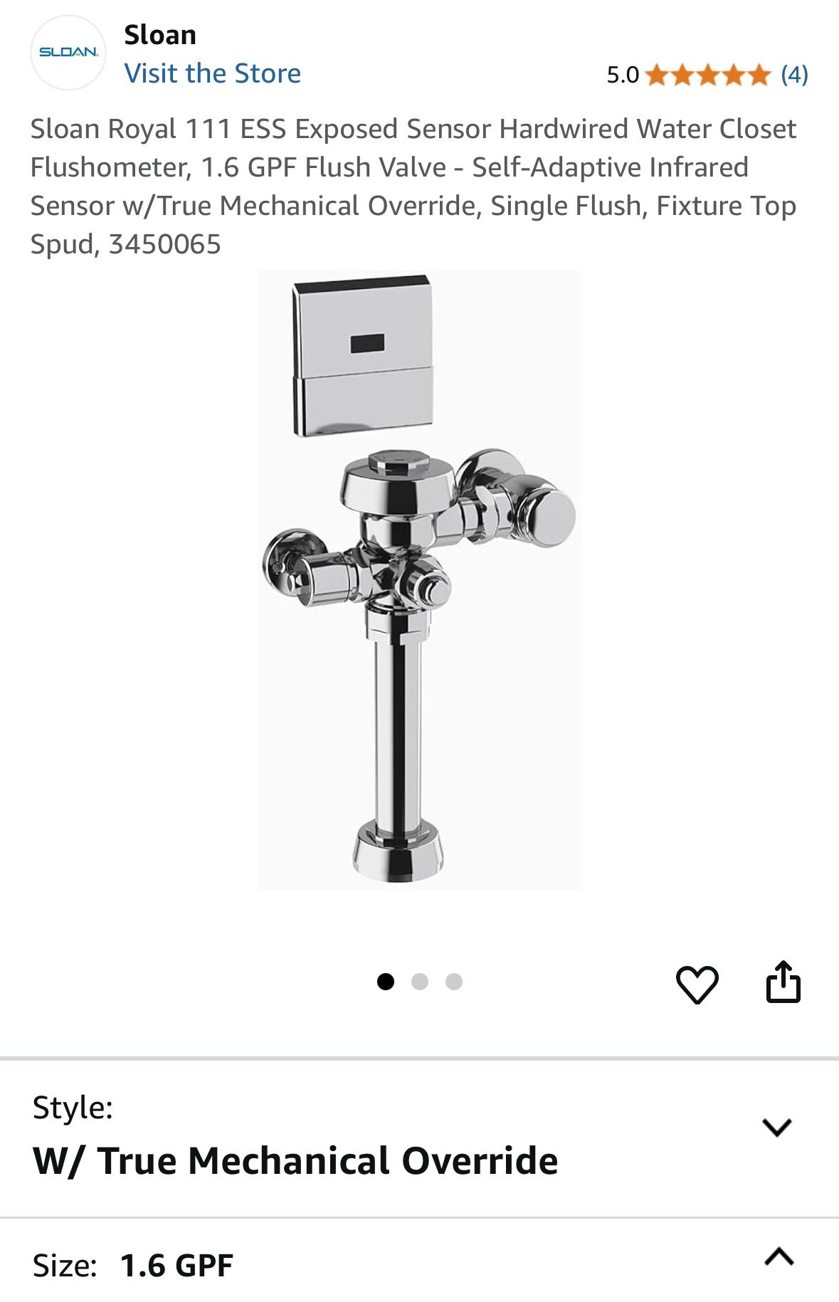 Sloan Royal 111 ESS Exposed Sensor Hardwired Water Closet Flushometer, 1.6 GPF Flush Valve - Self-Adaptive Infrared Sensor w/True Mechanical Override,