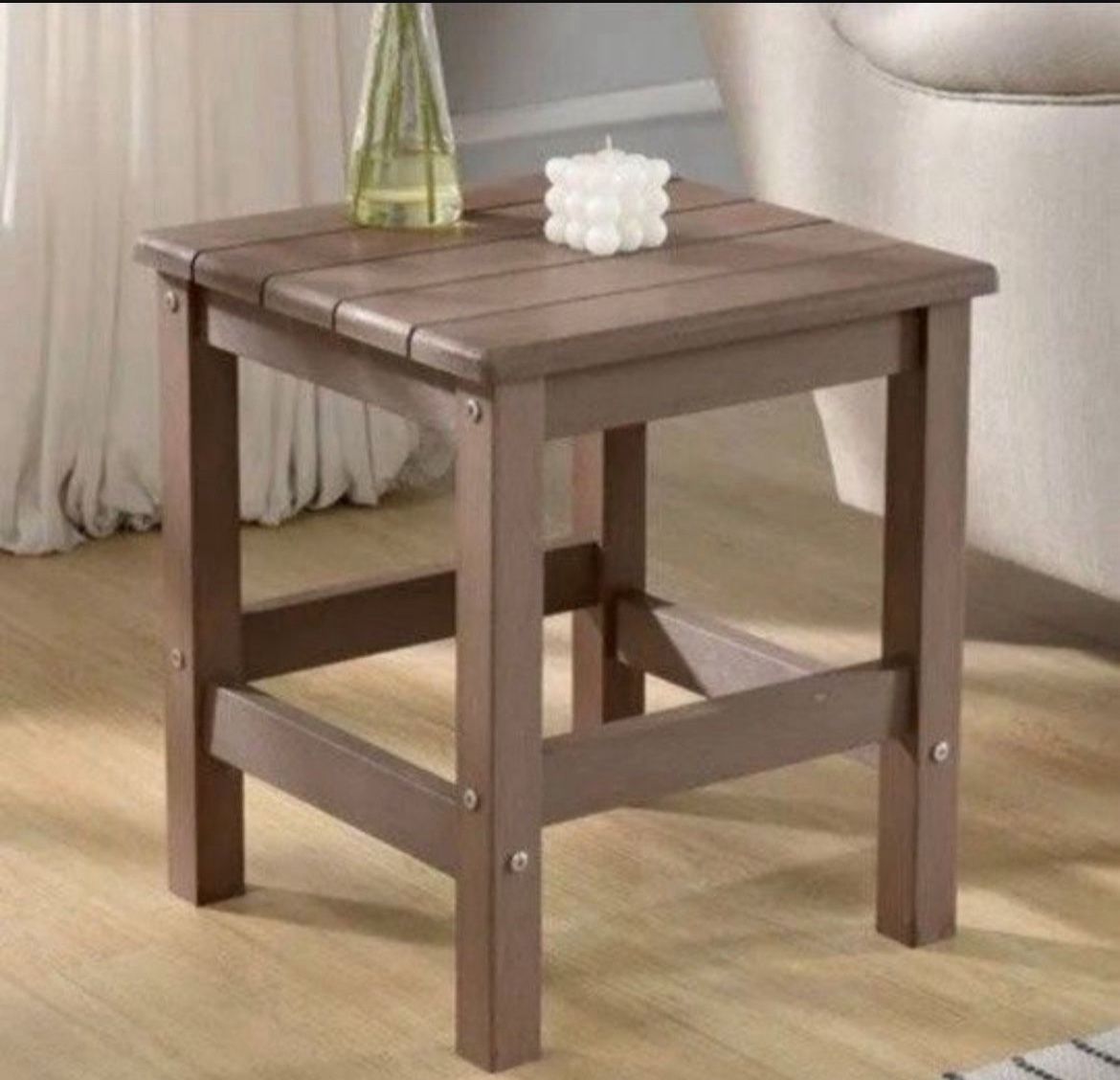 Square Wooden Patio Table. Outdoor Sidetable. Easy Maintenance & Weather Resistant. Color Brown