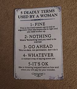 Metal Sign: 5 Deadly Terms a Woman Uses 