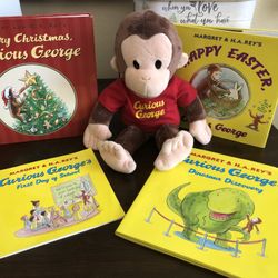 Curious George Plush 15” Gund With 4 Books Lot (3 Hardcover 1 Paperback)