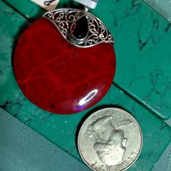 GORGEOUS CORAL WITH  AMETHYST, *PEAR-SHAPED* CABACHON. OPEN CUT,  FILIGREE MOTIF, STERLING PENDANT ON A 16"  CHAIN. (NC-88542)