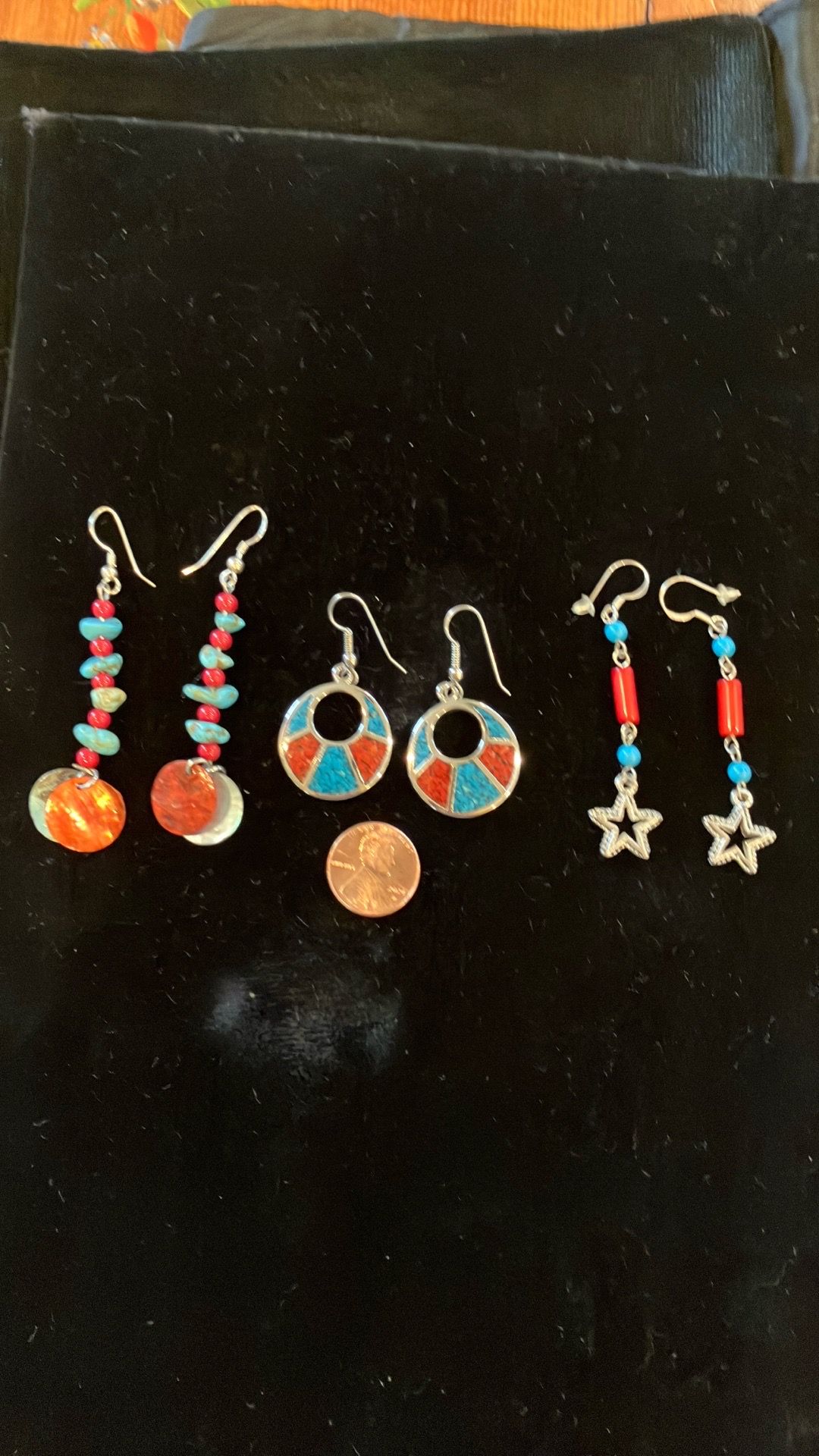 3 turquoise and coral glass pierced earrings