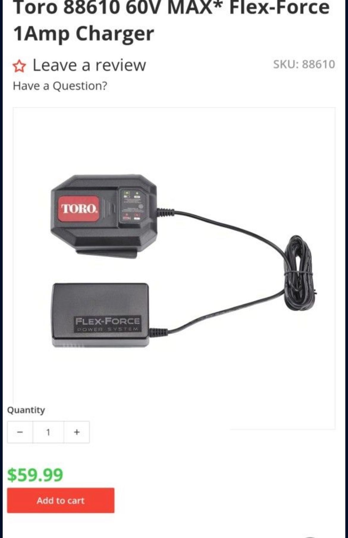 Toro 88610 60V MAX* Flex-Force 1Amp Charger