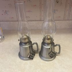  Vintage Pewter Oil Lamp With Chimney Set