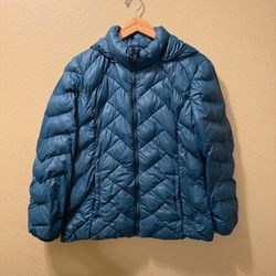 Women’s Large London Fog Teal Lightweight Packable Down Hooded Puffer Jacket