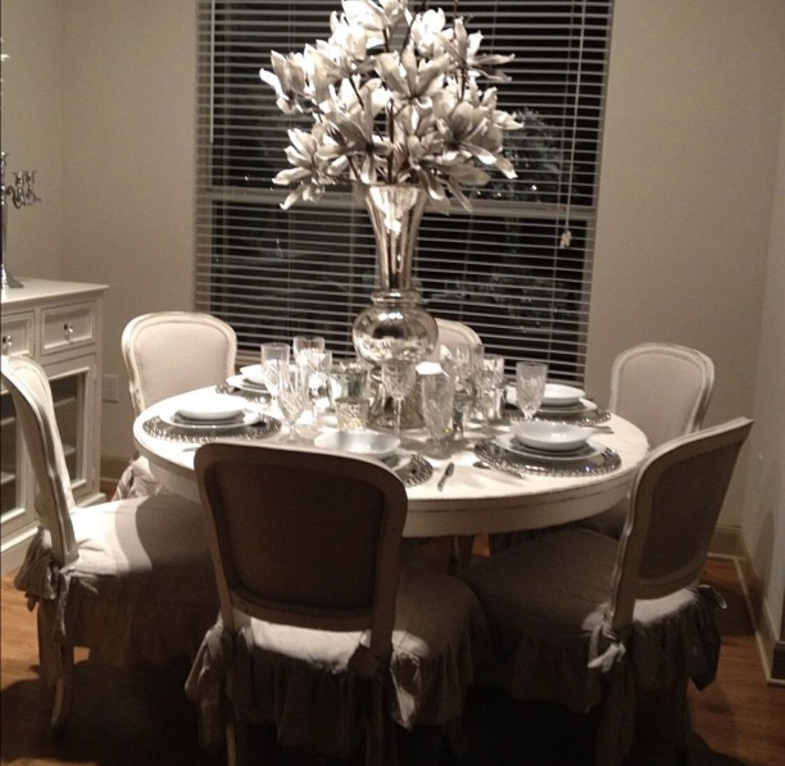 White distressed dining table and console table