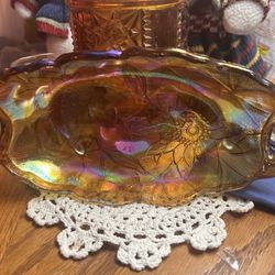 VINTAGE FLORAL SUNFLOWER CARNIVAL GLASS VEGTABLE/CANDY DISH MARIGOLD 9.5 INCH