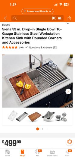 Ruvati Siena 33 in. Drop-in SIngle Bowl 16-Gauge Stainless Steel Workstation Kitchen Sink with Rounded Corners and Accessories